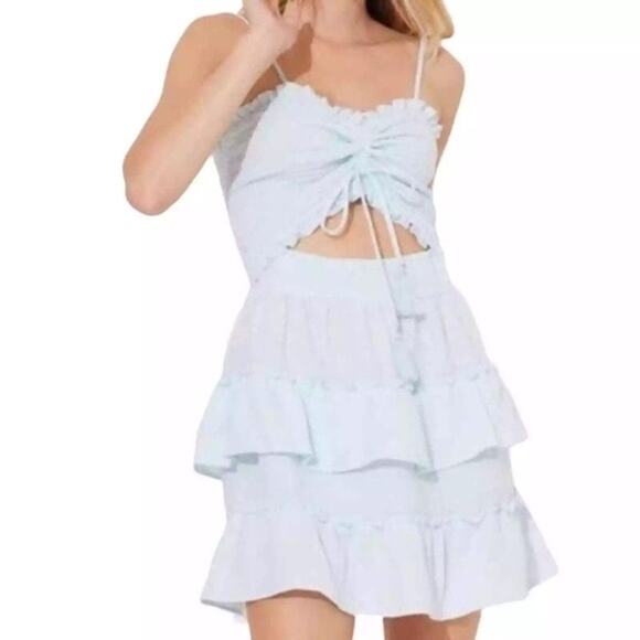 New OCEAN DRIVE Dress M Blue Gauze Ruffle Ruched Cutout Smock Tiered Bow Tassels - Picture 1 of 9